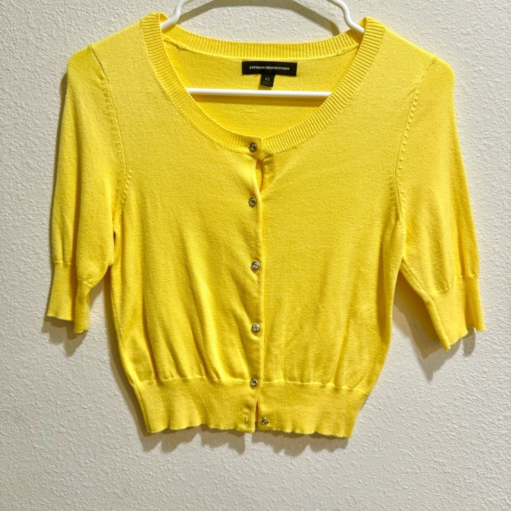 Express Lemon / Canary Diamond Cropped Cardigan Sweater XS X Small